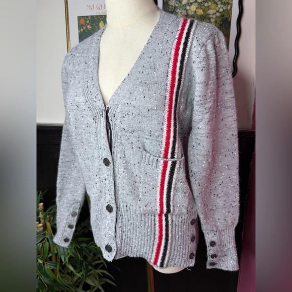 NEW THOM BROWNE Cotton V-Neck Speckled Grey Cardigan Sz Small - Picture 4 of 11